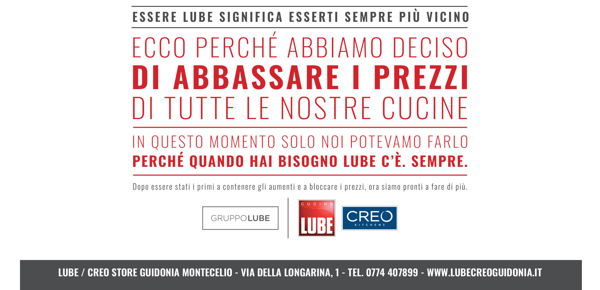 Abbiamo deciso di abbassare i prezzi! Approfitta della promozione Cucine LUBE e CREO Kitchens fino al 31 marzo! - LUBE CREO Store Guidonia (Roma)